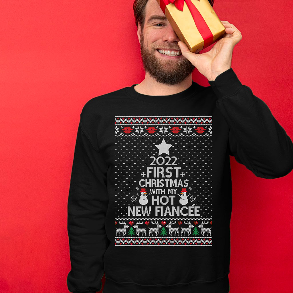 First Christmas With My Hot New Fiancée 2022 Matching Ugly Christmas Sweater For Couples