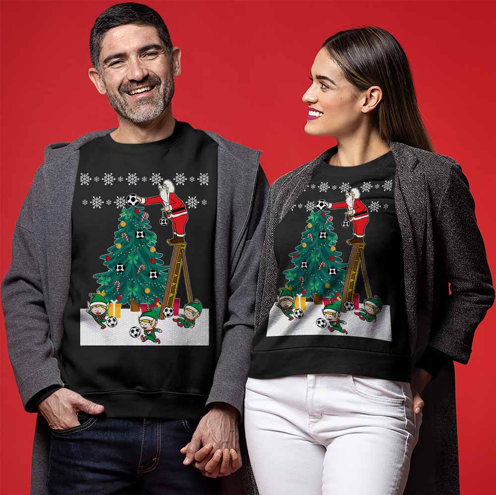 Santa Decorating Soccer Christmas Tree Ugly Sweater