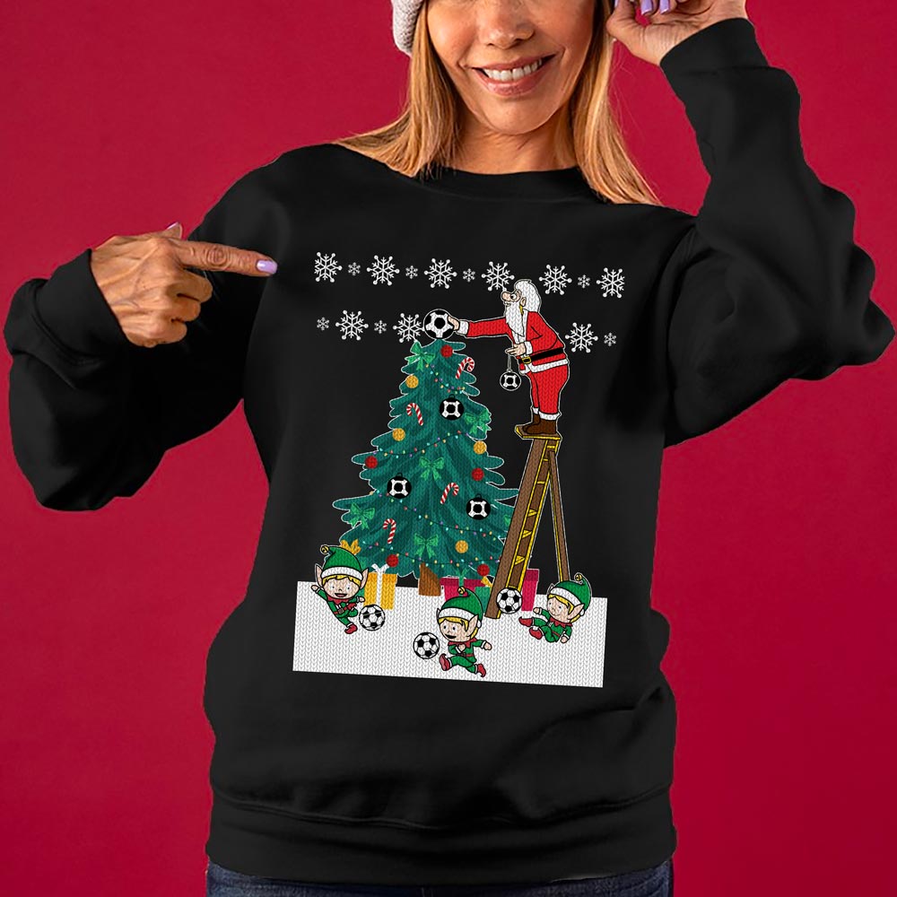 Santa Decorating Soccer Christmas Tree Women's Ugly Sweater