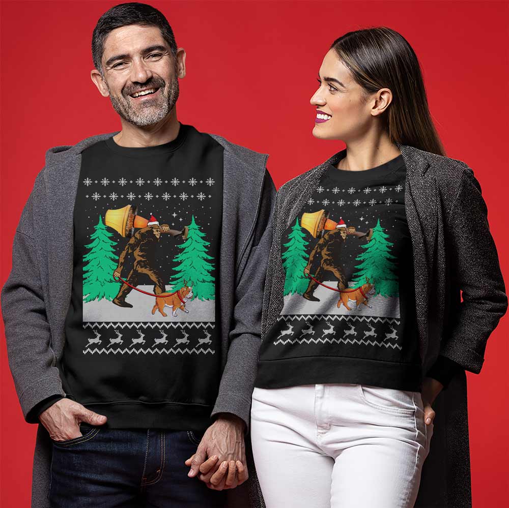 Bigfoot Walking Bulldog Ugly Christmas Sweater