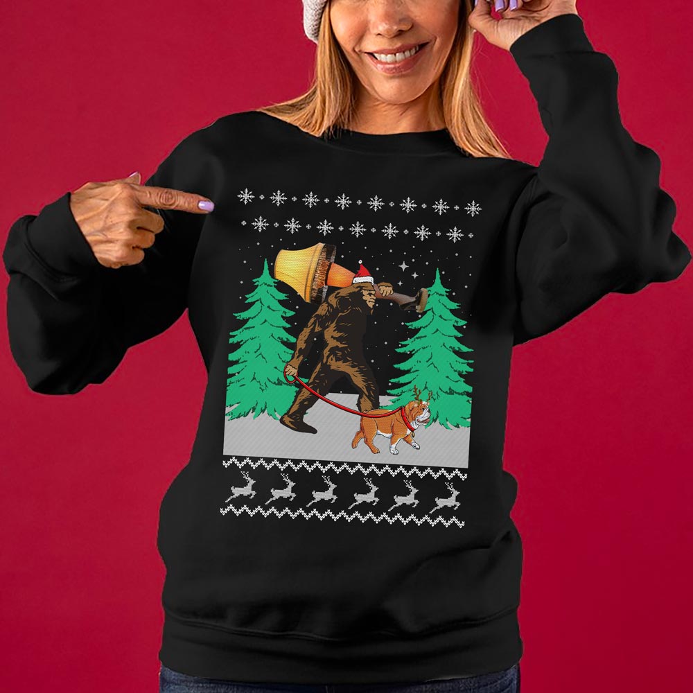Bigfoot Walking Bulldog Women's Ugly Christmas Sweater
