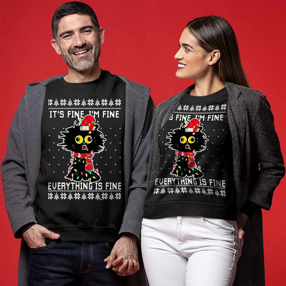 Funny I’m Fine Black Cat Ugly Christmas Sweater