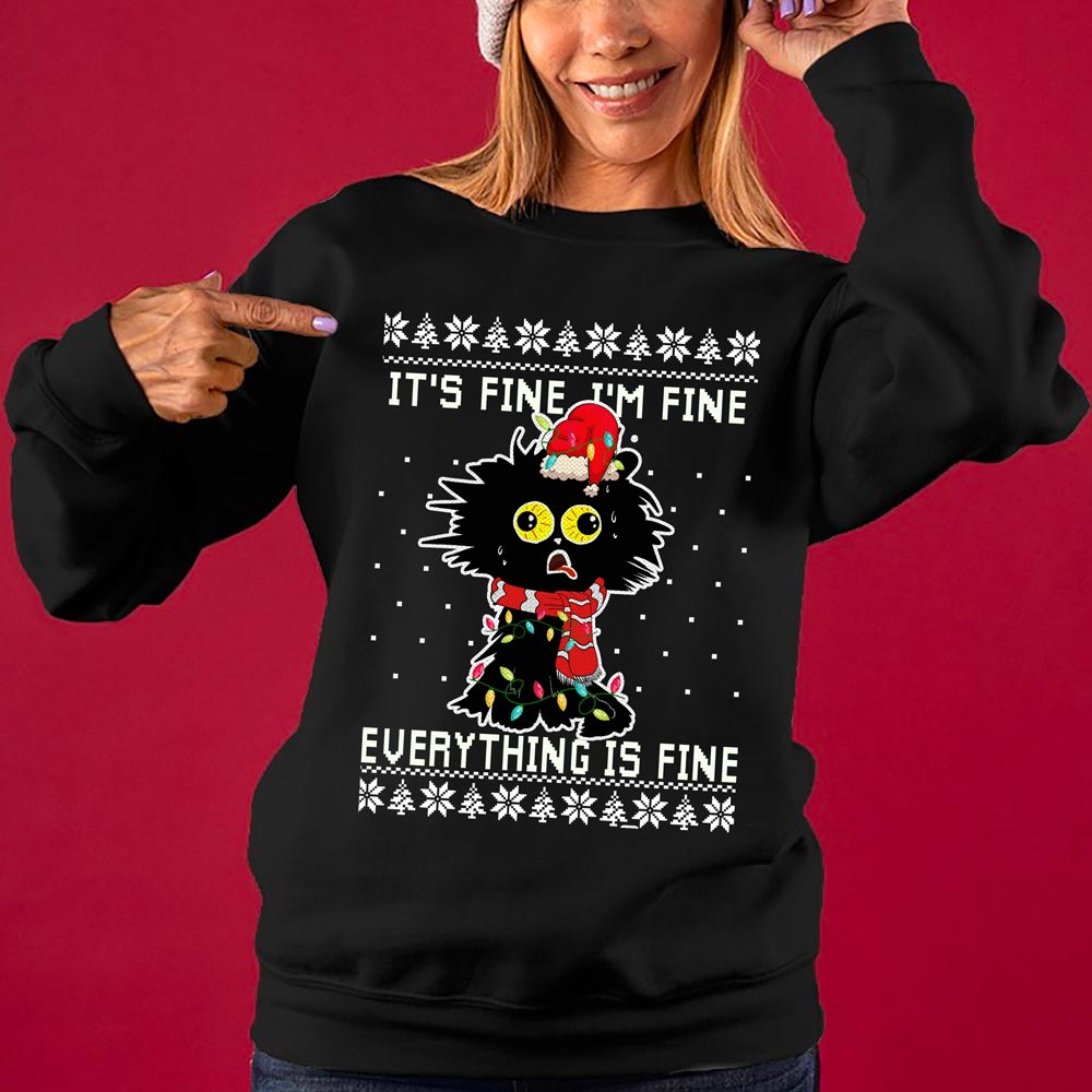 Funny I’m Fine Black Cat Women's Ugly Christmas Sweater