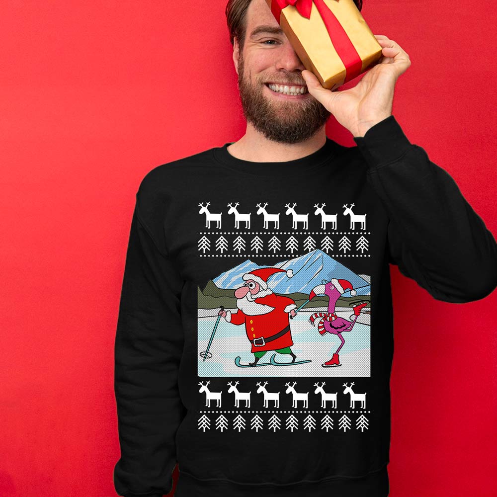 Flamingo Skating Santa Men's Ugly Christmas Sweater