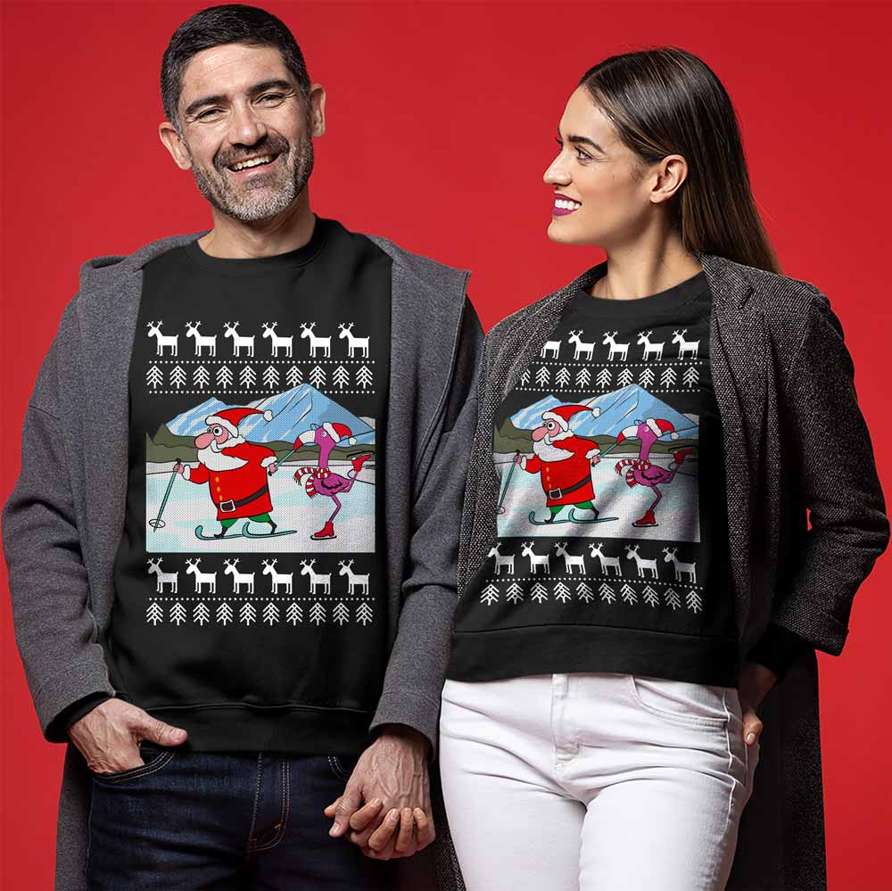 Flamingo Skating Santa Ugly Christmas Sweater