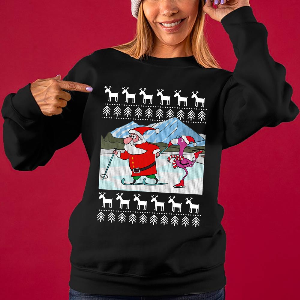 Flamingo Skating Santa Women's Ugly Christmas Sweater