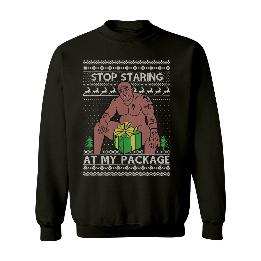 Stop Staring At My Package Barry Wood Women's Ugly Sweater