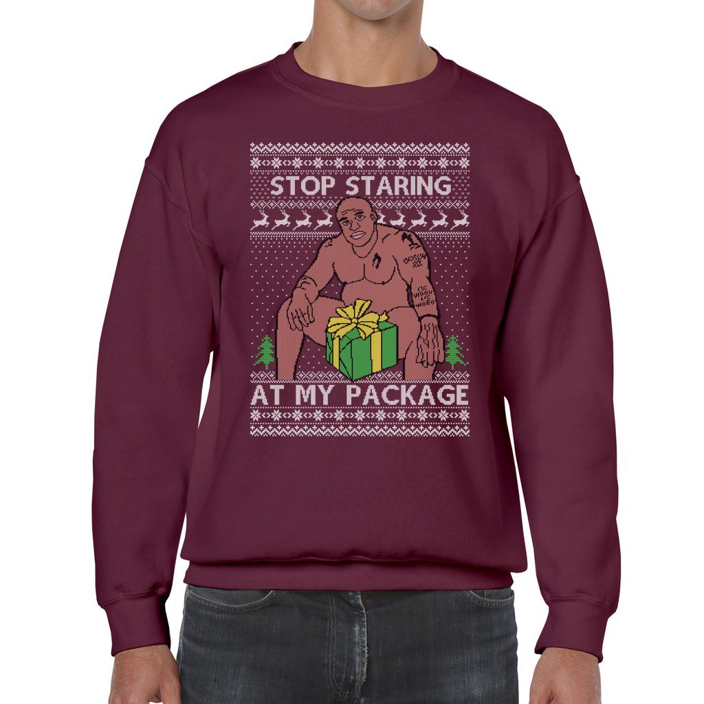 Stop Staring At My Package Barry Wood Men's Ugly Sweater - Image 6