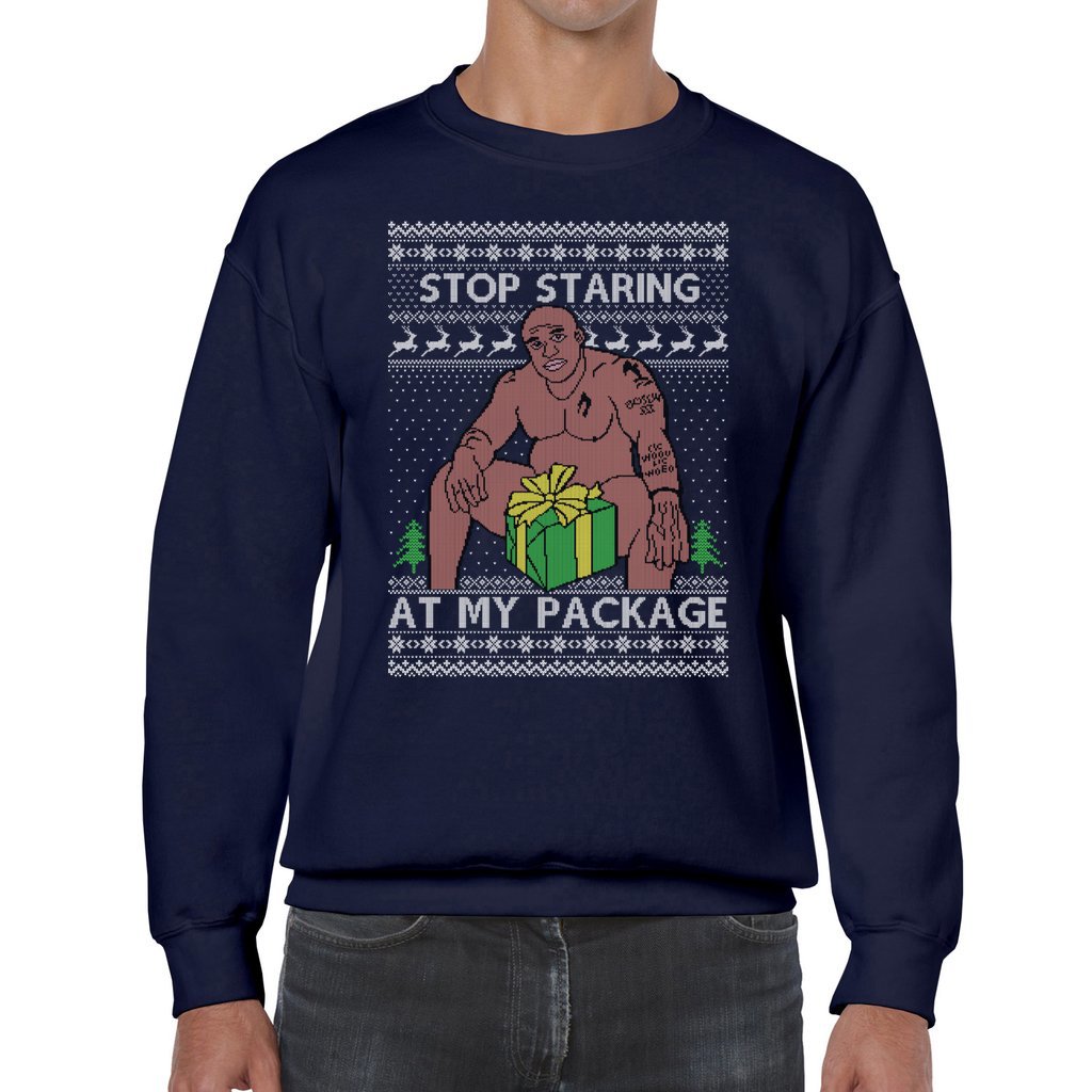 Stop Staring At My Package Barry Wood Men's Ugly Sweater - Image 5