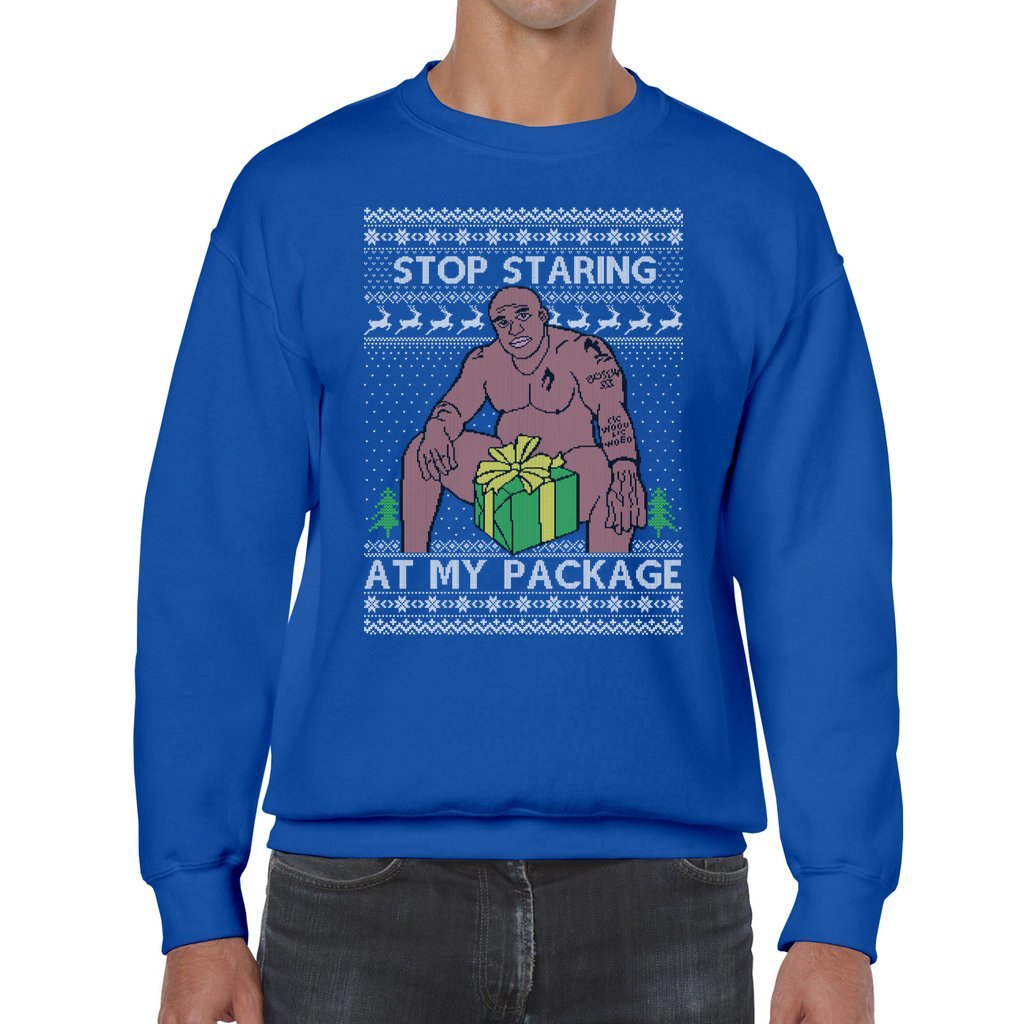 Stop Staring At My Package Barry Wood Men's Ugly Sweater - Image 3